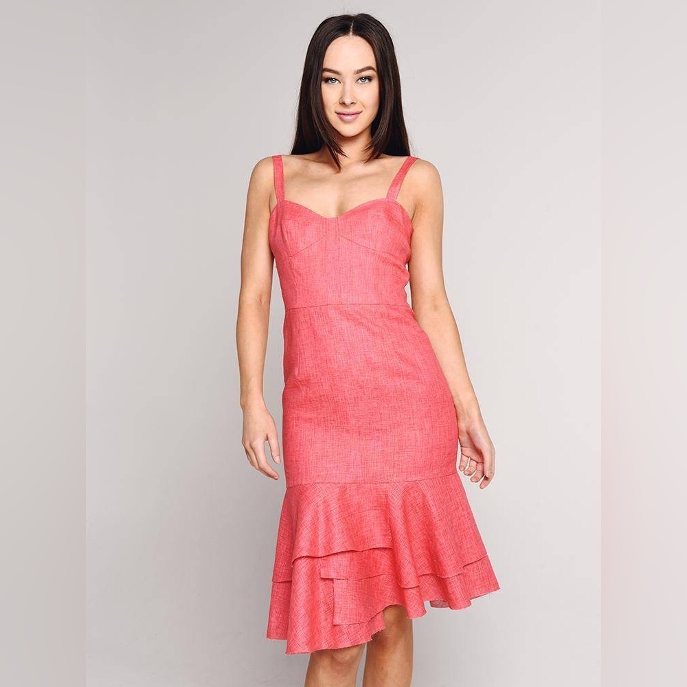 Milly Kendal Linen Ruffle Frayed Hem Midi Dress Feminine Poppy Pink Size 0